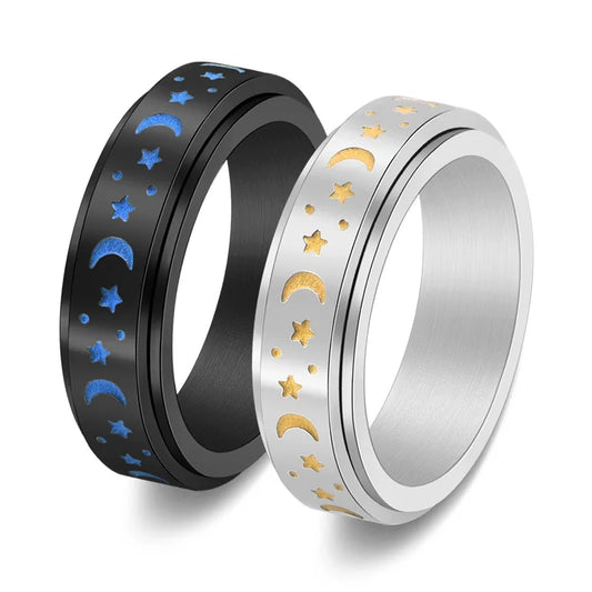 316L Titanium Steel Fidget Anxiety Ring Fashion Luminous Moon Star Design High Polished Rotatable Stacking Stainless Steel