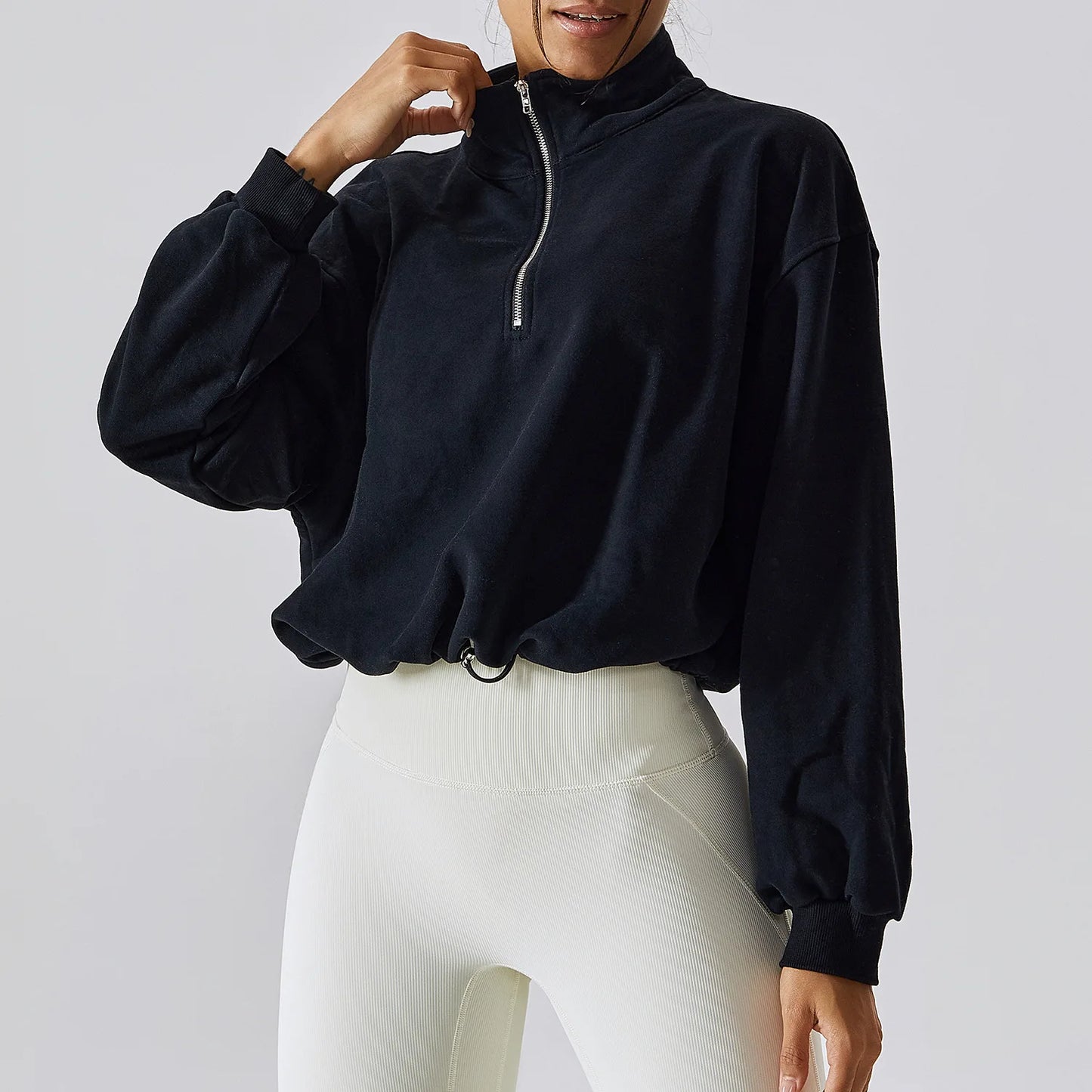 Women's Athletic Half Zip Crop Sweatshirt High Neck Long Sleeve Workout Hoodie Printed Knitted Fabric Casual Style for Autumn