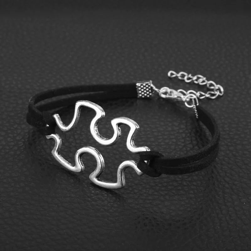 Autism Awareness Suede Leather Bracelet Puzzle Piece Charm Bracelet