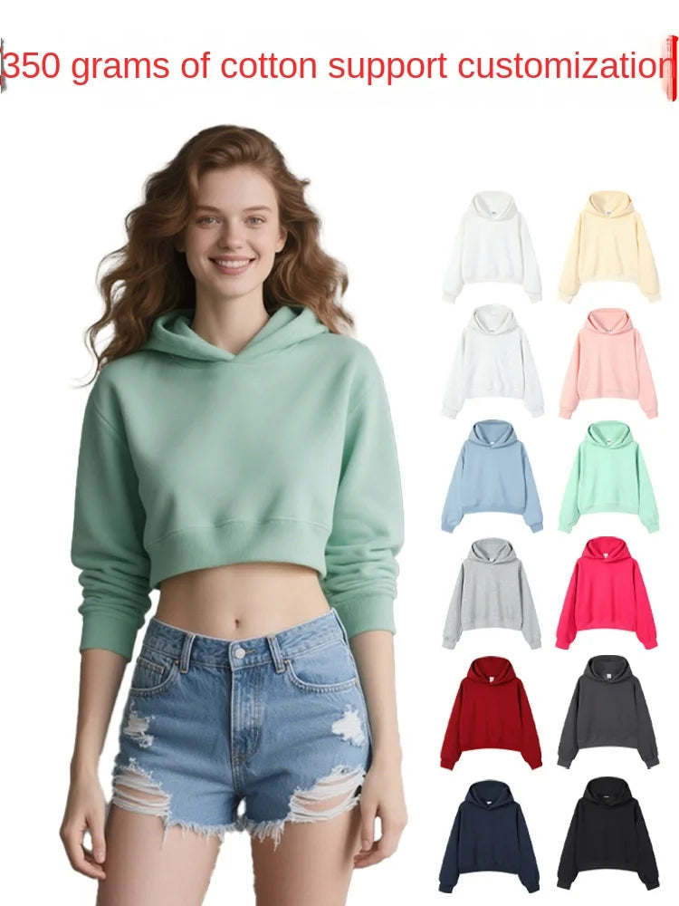Customize Front Women's High Quality 100% Cotton Eco-Friendly Simple Solid Color Autumn/Winter Crop Hoodie Fashionable Street