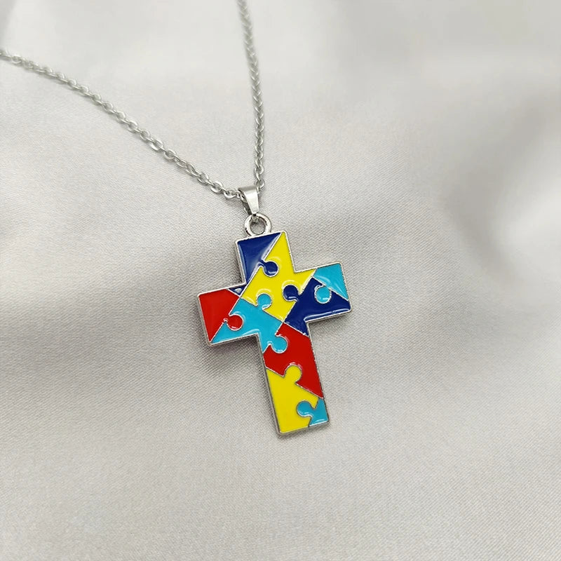 Manufacturer Enamel Jigsaw Puzzle Pieces Charm Autism Speaks Awareness Necklace Jewelry Rhinestone Pendant Necklaces