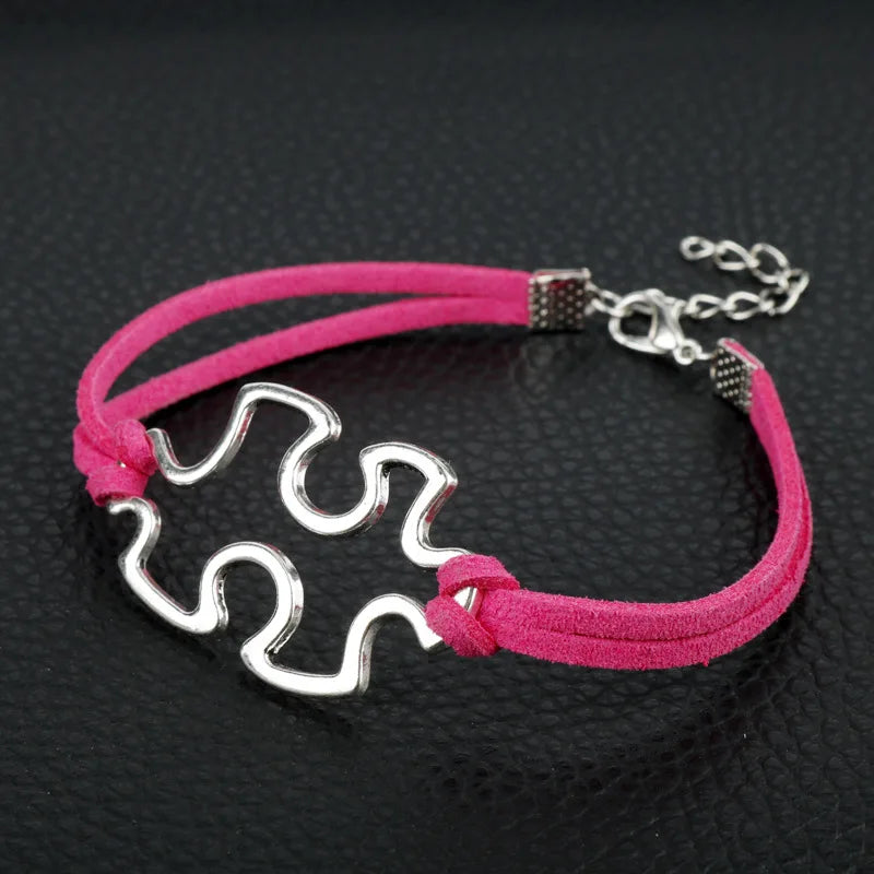 Autism Awareness Suede Leather Bracelet Puzzle Piece Charm Bracelet