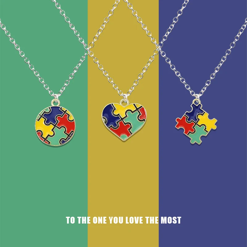 Manufacturer Enamel Jigsaw Puzzle Pieces Charm Autism Speaks Awareness Necklace Jewelry Rhinestone Pendant Necklaces