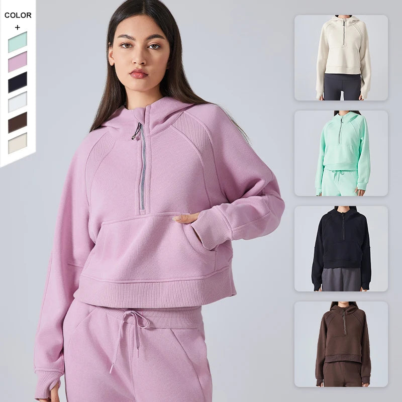 Autumn Winter New Warm Inner Velvet Sports Hoodie Stand up Collar Hoodie Half Zipper Sports Hoodie