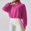 Women's Athletic Half Zip Crop Sweatshirt High Neck Long Sleeve Workout Hoodie Printed Knitted Fabric Casual Style for Autumn
