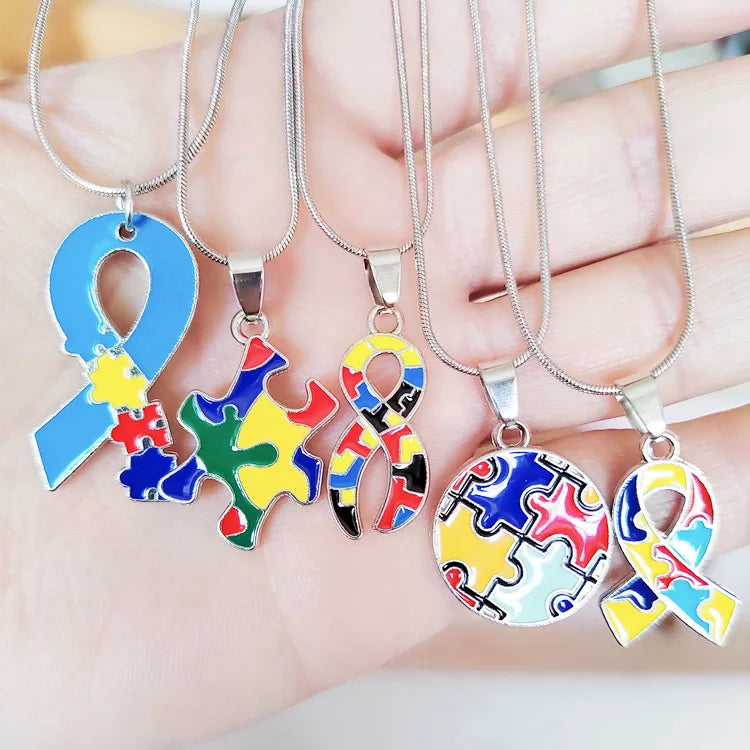 Manufacturer Enamel Jigsaw Puzzle Pieces Charm Autism Speaks Awareness Necklace Jewelry Rhinestone Pendant Necklaces