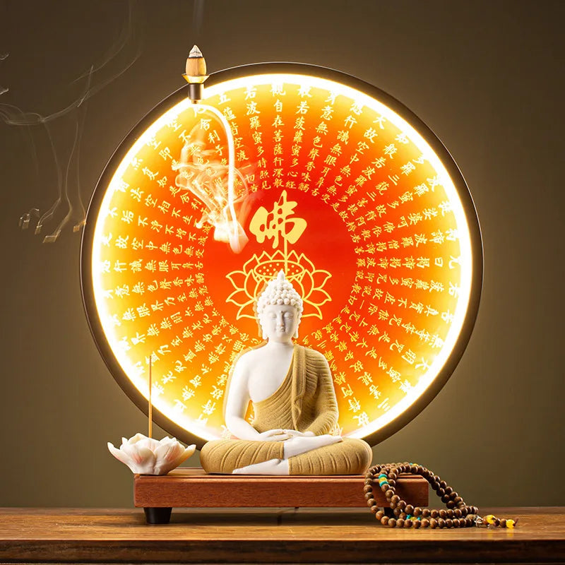 Light-emitting Diode Lamp Buddha Meditation Ceramic Guanyin Bodhisattva Shape Backflow Incense Burner Aromatic Sandalwood