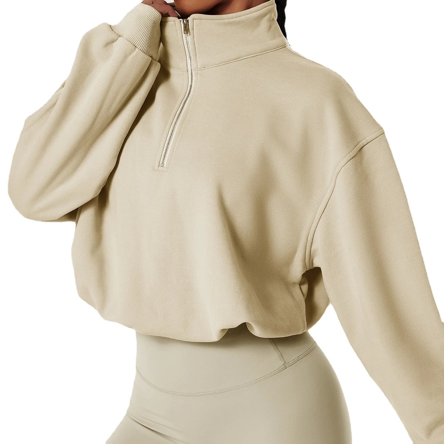 Women's Athletic Half Zip Crop Sweatshirt High Neck Long Sleeve Workout Hoodie Printed Knitted Fabric Casual Style for Autumn