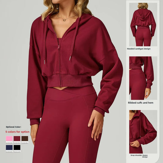 Women's Zippered Short Sweatshirt Hoodie for Autumn-Loose Fit Casual Sports Outfit for Running and Gym Wear