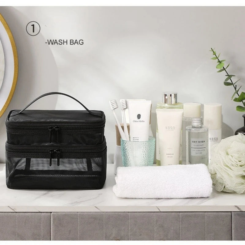 Bathroom Travel Mesh Makeup Storage Bag Cosmetics Make Up Skincare Organizer Box Plastic Container Handbag For Women Men