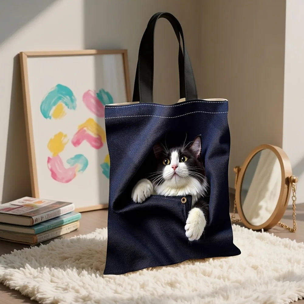 Chihuahua Peeking Out of Pocket Pattern Handbag Cute Cat Tote Bags for Shopping, Working School Sport Traveling Shoulder Bag