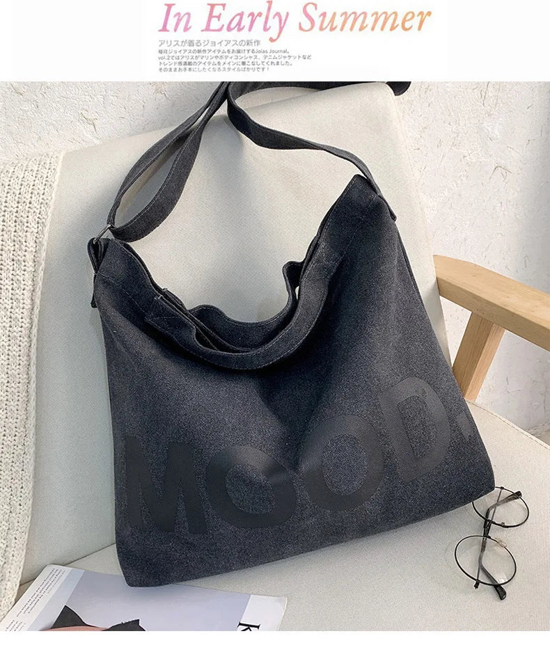 Letters solid color printing canvas large bag models tide  Unisex with the same canvas crossbody large capacity Tote bag