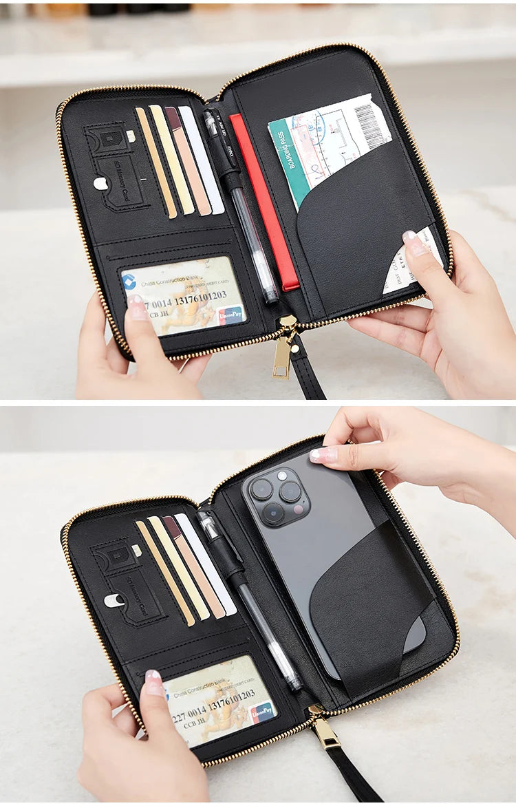 RFID Blocking Passport Holder Travel Wallet with Wrist Strap, Multi-Card Pockets & Zipper Closure