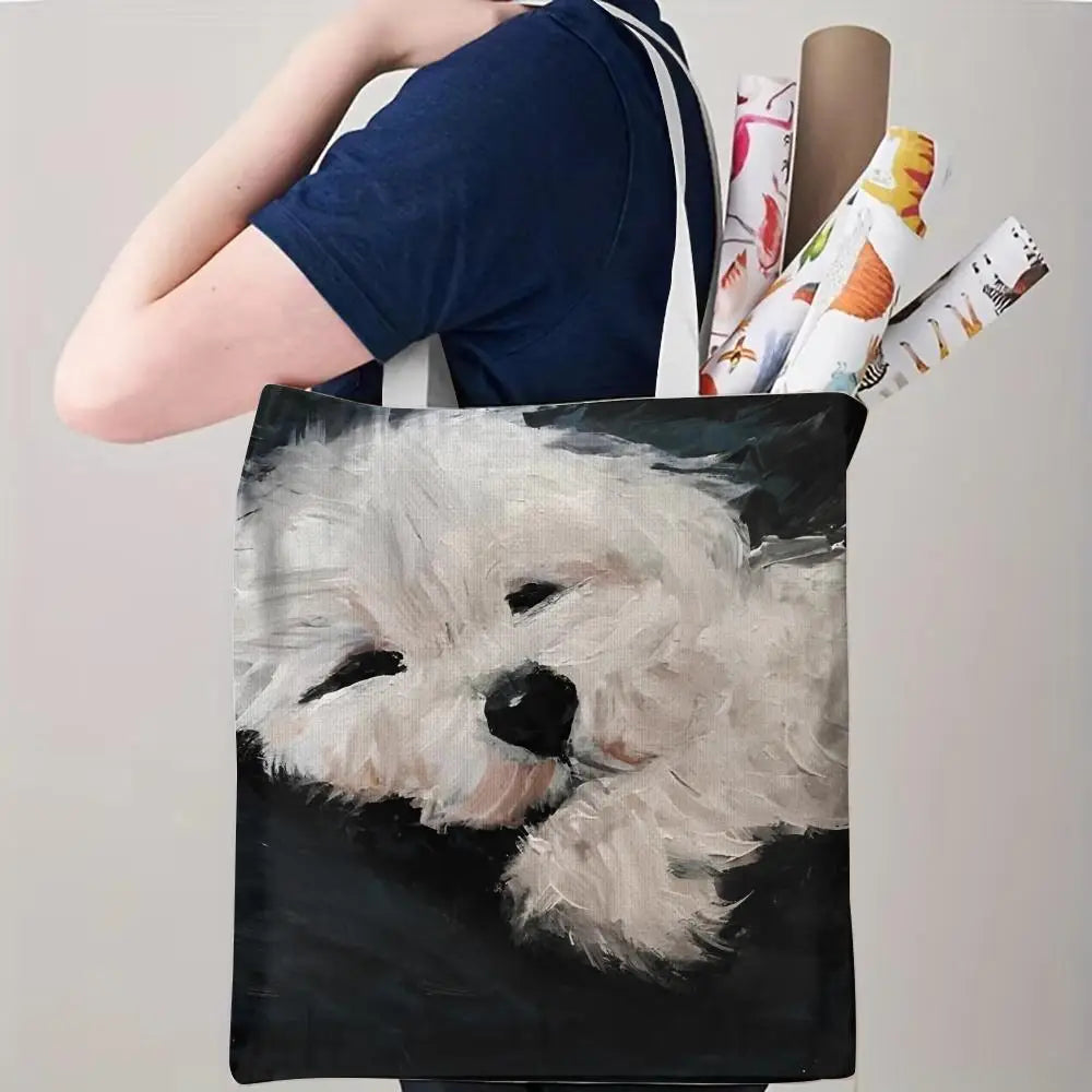 Maltese Dog Storage Bags Double-Sided Printed Canvas Tote Bag Eco-Friendly Reusable Large Capacity Handbag