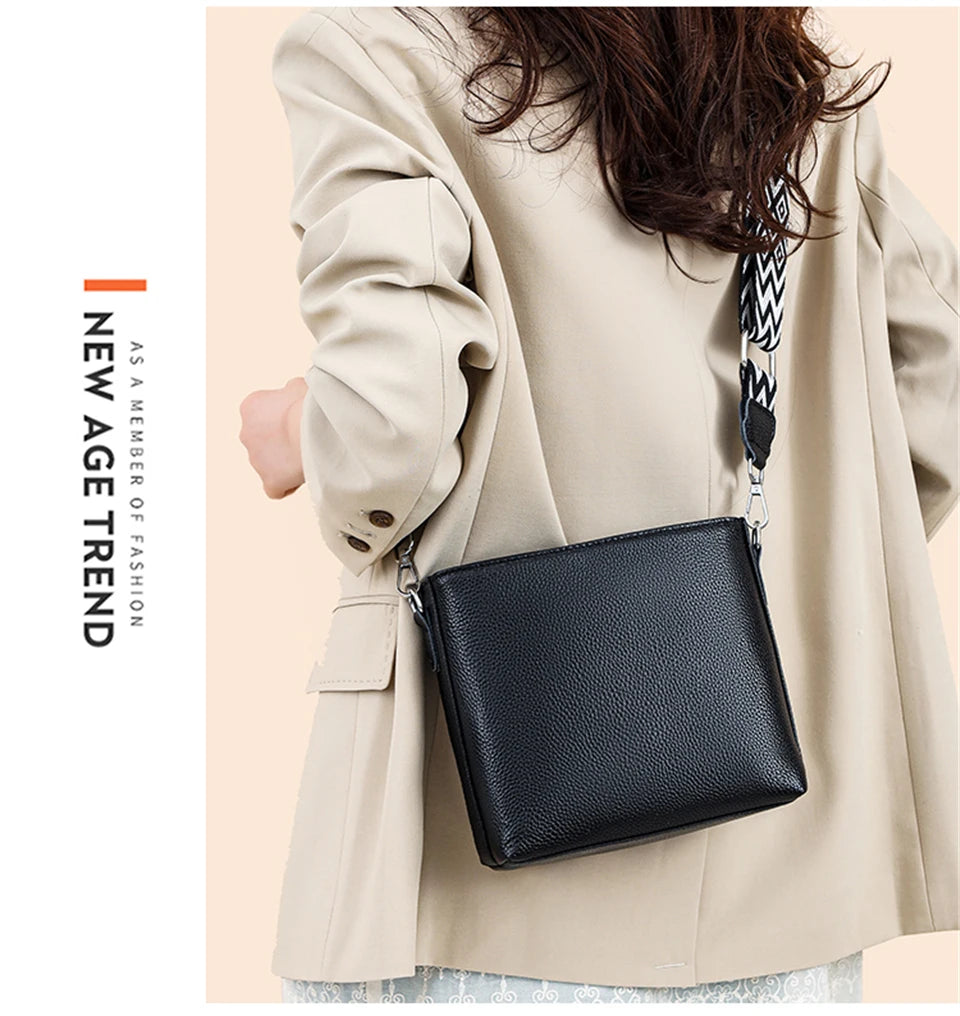 100% Genuine Leather Crossbody Bag Women Fashion Wide Strap Shoulder Bag Ladies Cowhide Messenger Bag Small Handbag and Purse