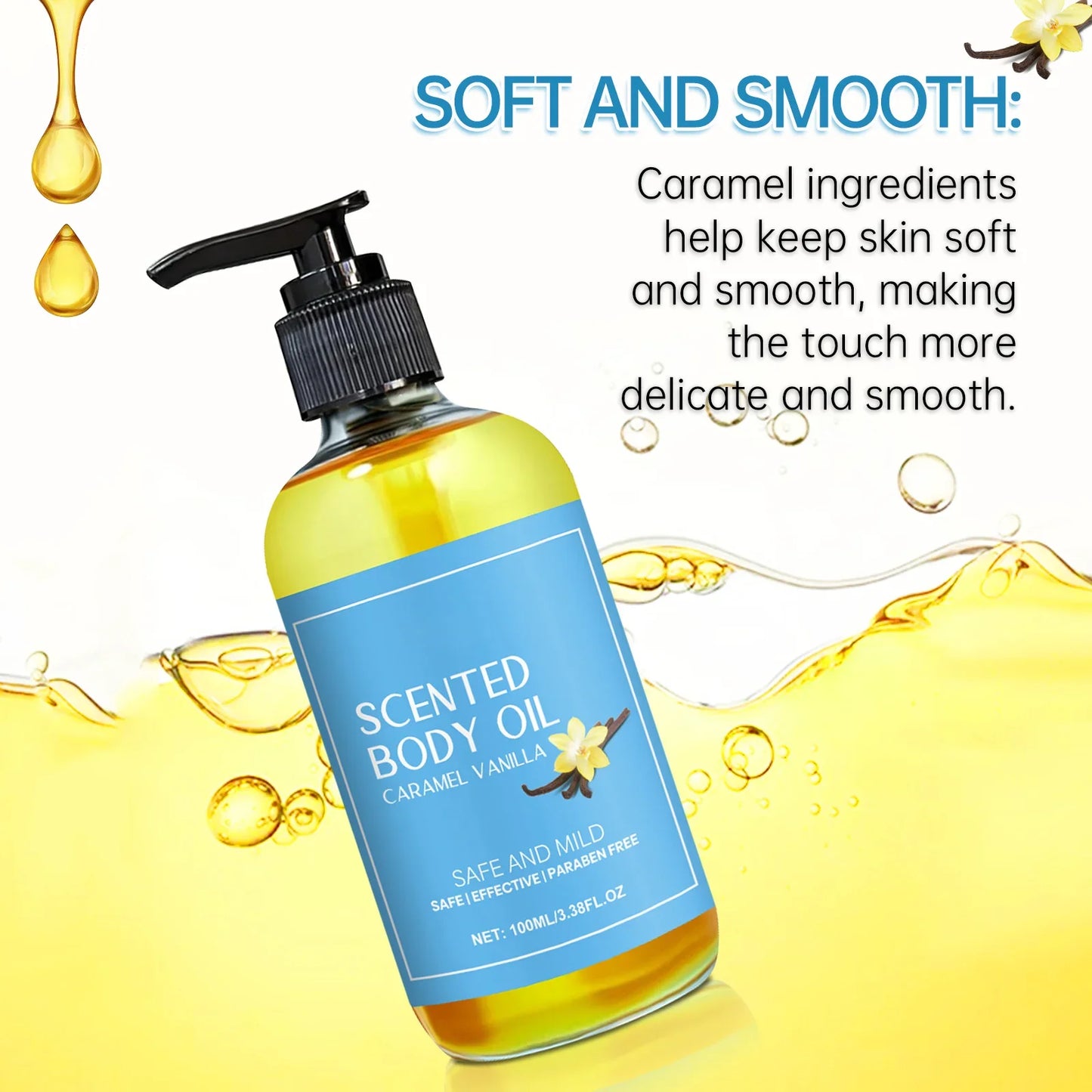 Stress Relief Body Oil with Vanilla - Deeply Moisturizes & Soothes Muscles, Herbal Formula for Relaxing Bath & Massage.