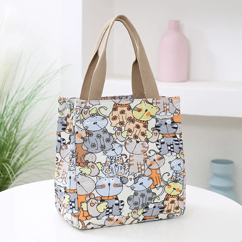 Fashion Fashionable Top-handle Bag with Cute Cat Pattern Portable Bag for Women Retro Art Hand Bag Shopping