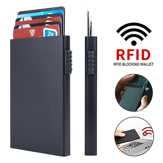 Anti-RFID Blocking Wallet for Men - Smart Metal Pop-Up, Ultra Slim Minimalist Aluminum ID/Bank Card Case
