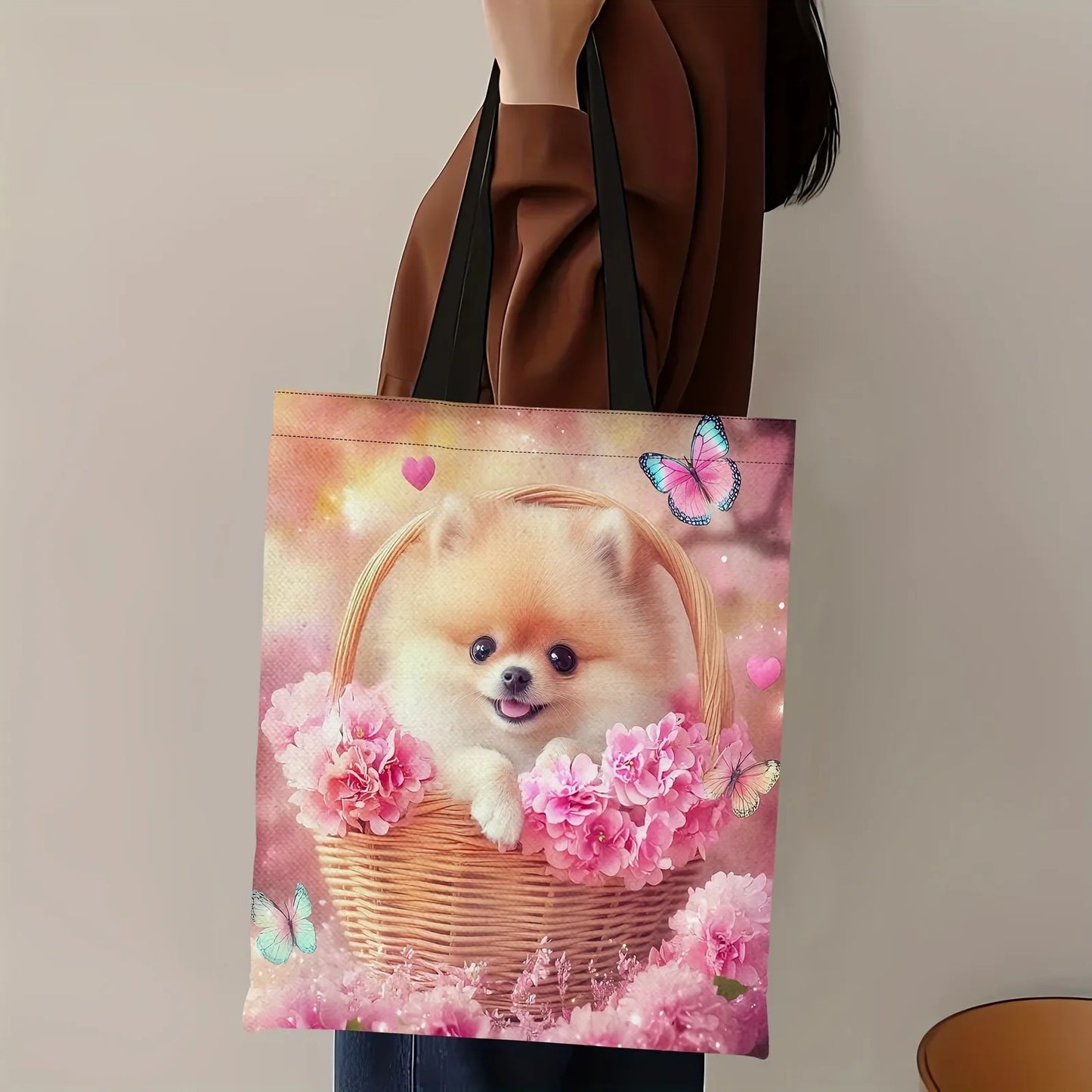 A Cheerful Pomeranian Dog Handbag Pink Flower Basket Print Tote Bag Large Capacity Practical Shopping Bag