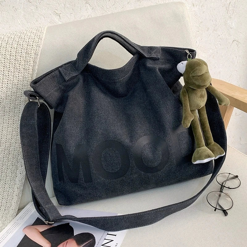 Letters solid color printing canvas large bag models tide  Unisex with the same canvas crossbody large capacity Tote bag