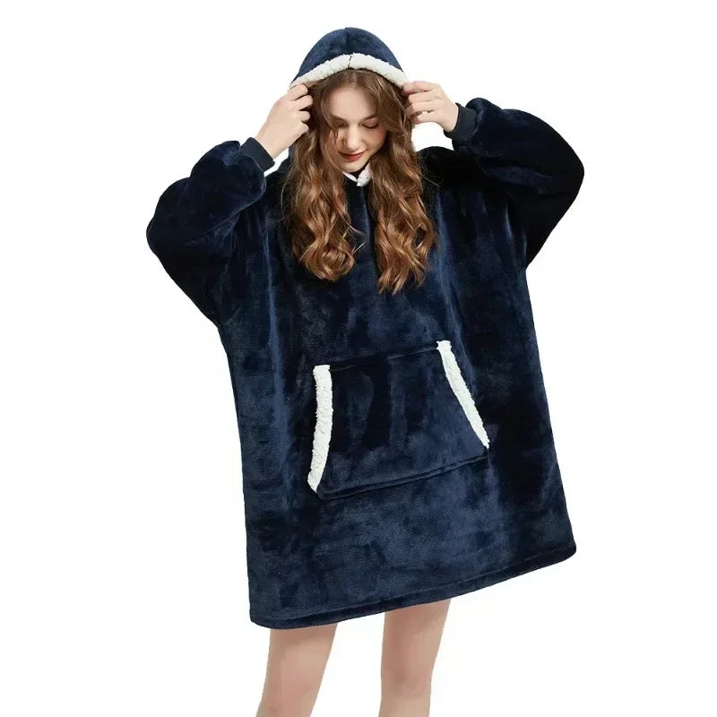 Winter Blanket Hoodie Oversized Warm Wearable Blankets 850grams Microfiber Plush Pullover Robe Fleece Blanket Sweatshirt Women
