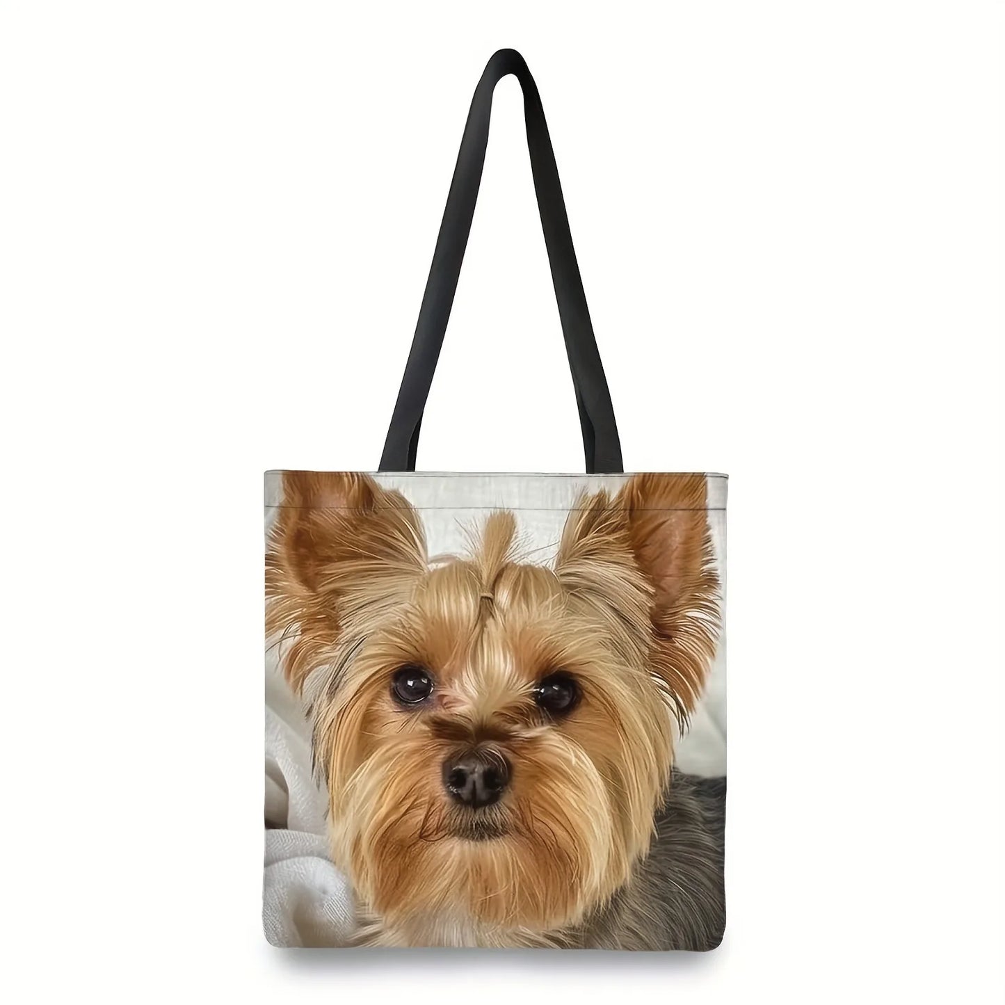 1pc Adorable Yorkshire Dog Print Tote Bag Animal Theme Polyester Reusable Shopping Shoulder Bag with Heart Detail Travel Handbag