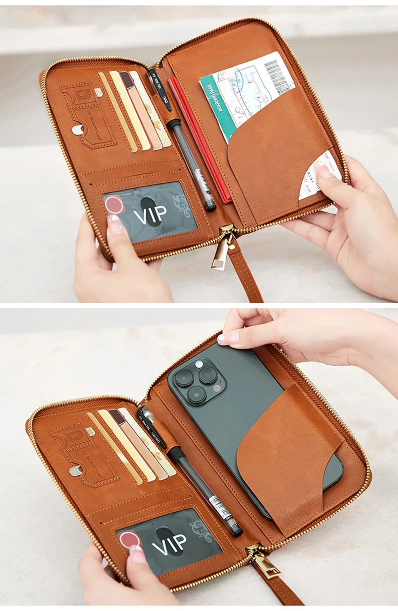 RFID Blocking Passport Holder Travel Wallet with Wrist Strap, Multi-Card Pockets & Zipper Closure