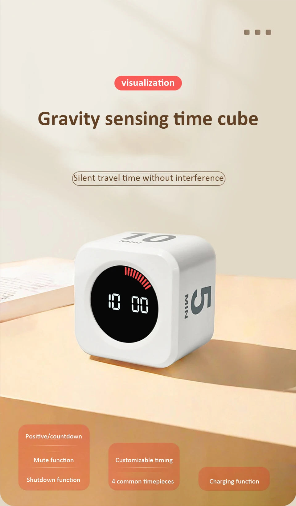 Digital Visual Timer Gravity Sensor Flipping LED Display 4 Preset Time Rechargeable Mini Cube Timer for Cooking Study Shower