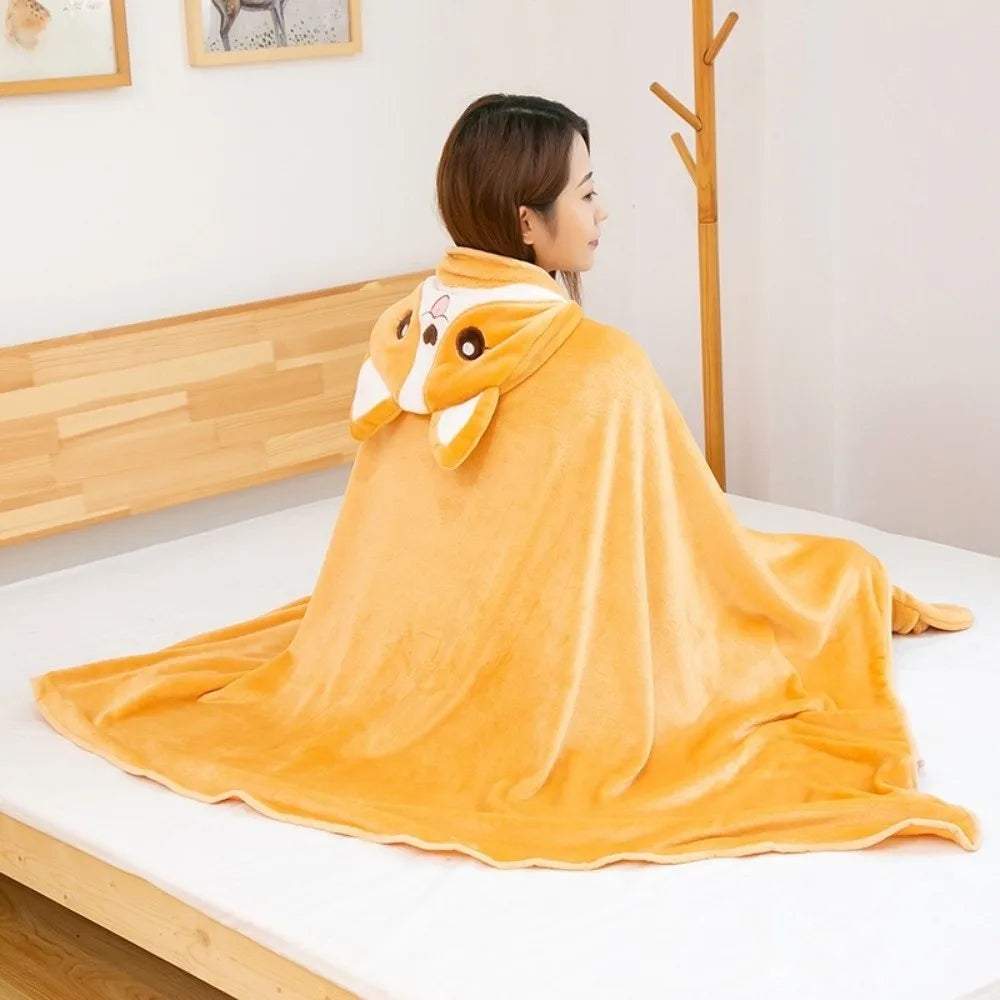 Warm Hooded Nap Blanket Cozy Cartoon Air Conditioning Blanket Folding Comfortable Thermal Blanket Ear Protection