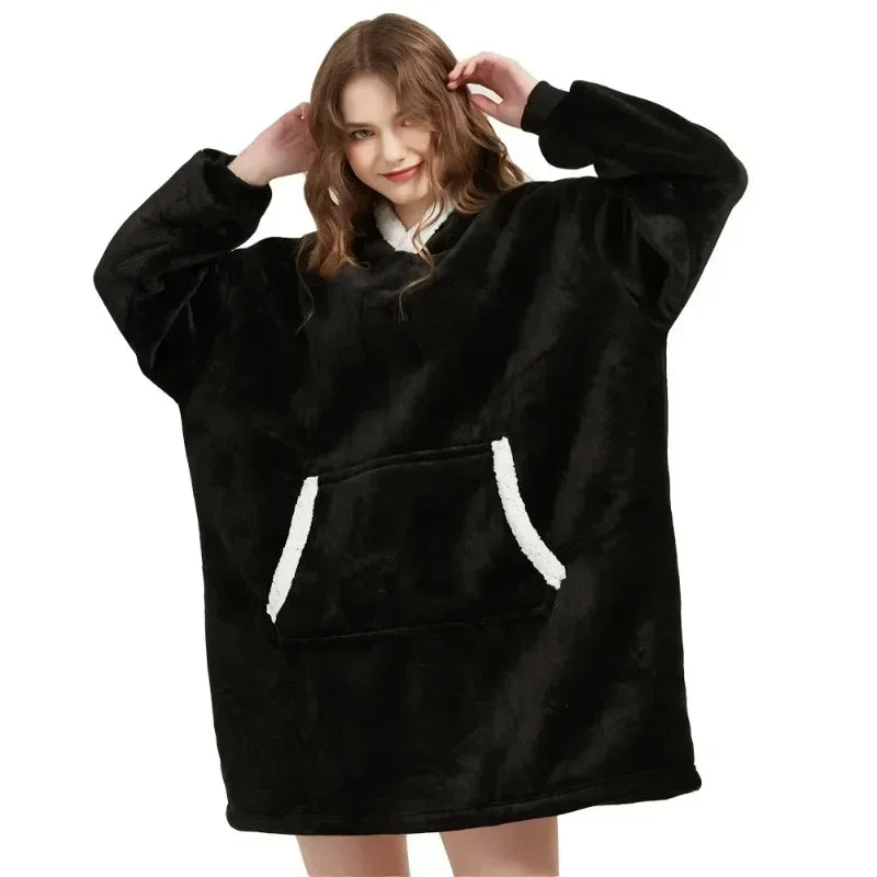 Winter Blanket Hoodie Oversized Warm Wearable Blankets 850grams Microfiber Plush Pullover Robe Fleece Blanket Sweatshirt Women