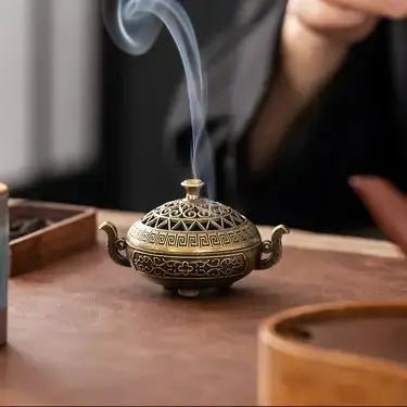 Premium Solid Brass Incense Burner Multi-Hole Stick Holder with Round Ash Catcher Tray for Home Fragrance and Meditation