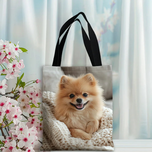 A Cheerful Pomeranian Dog Handbag Pink Flower Basket Print Tote Bag Large Capacity Practical Shopping Bag