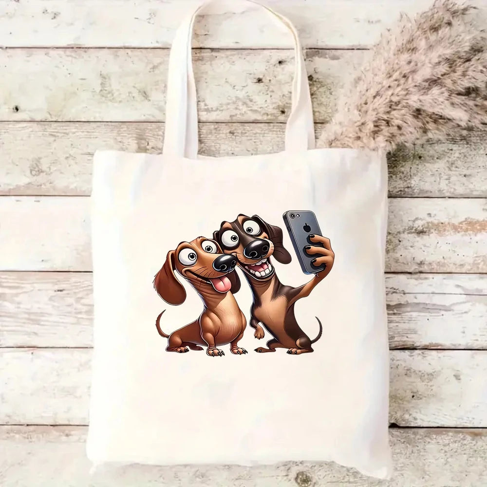Funny Dachshund Dog Canvas Tote Bag Selfie Puppy Eco Friendly Reusable Shopping Shoulder Bags Large Handbag for Women