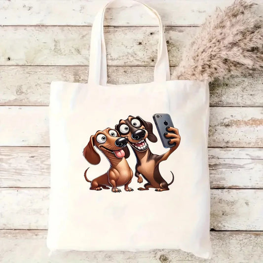 Dachshund Dog Canvas Tote Bag Selfie Puppy Eco Friendly Reusable Shopping Shoulder Bags Large Handbag