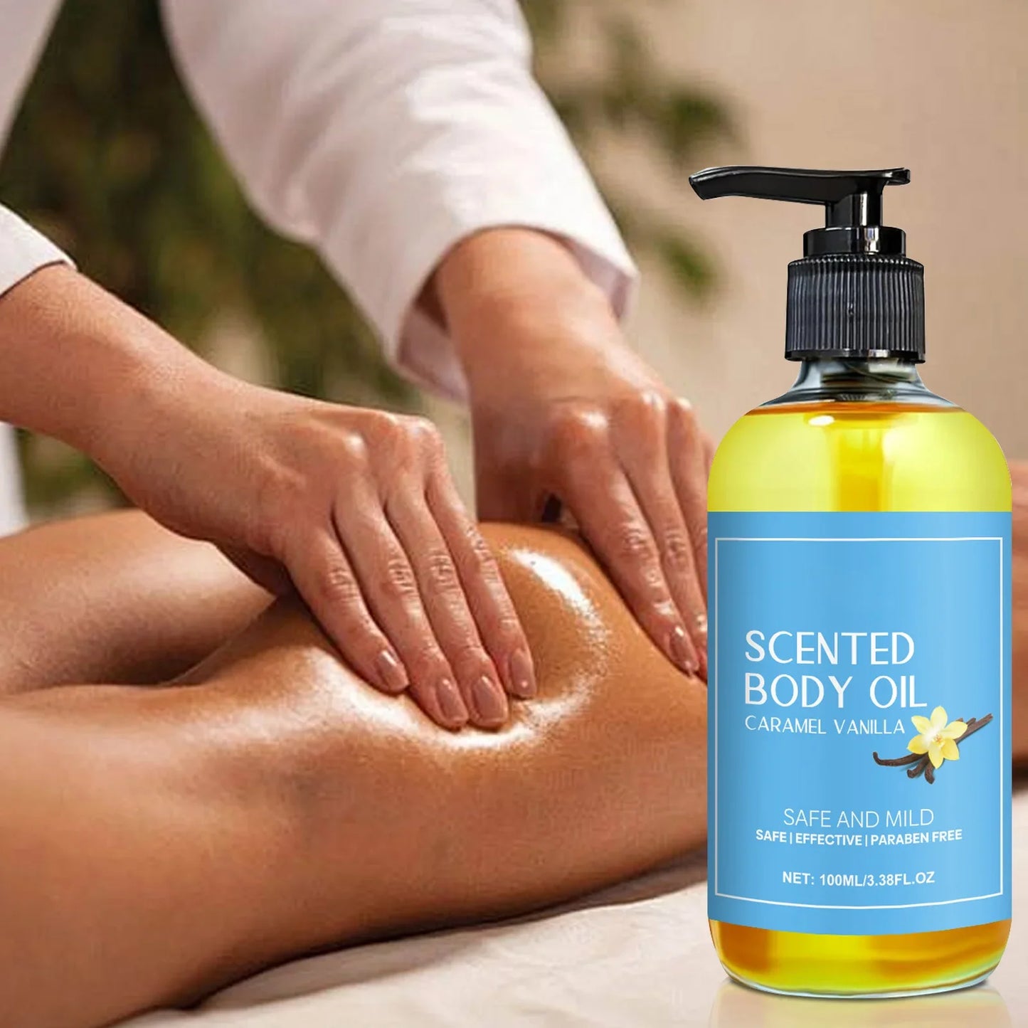 Stress Relief Body Oil with Vanilla - Deeply Moisturizes & Soothes Muscles, Herbal Formula for Relaxing Bath & Massage.