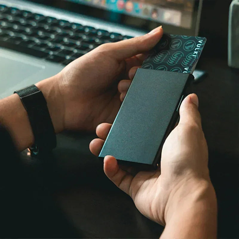 Anti-RFID Blocking Wallet for Men - Smart Metal Pop-Up, Ultra Slim Minimalist Aluminum ID/Bank Card Case
