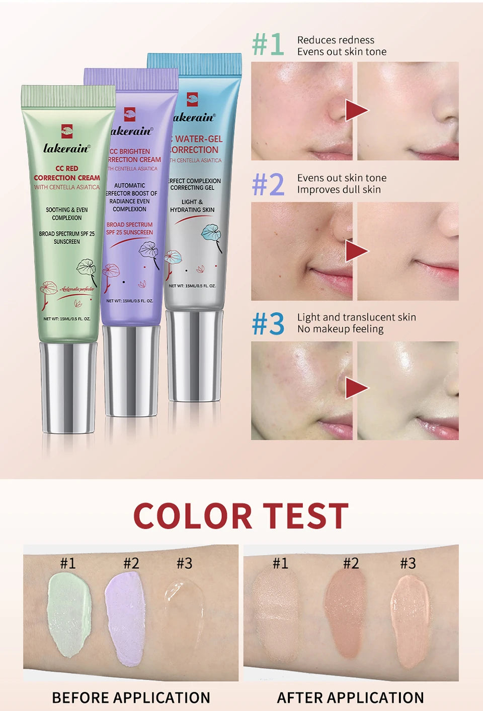 CC Red Correction Cream Liquid-Based Full Coverage Cream Waterproof Long-Lasting Correct Redness Foundation Korean Face Cosmetic