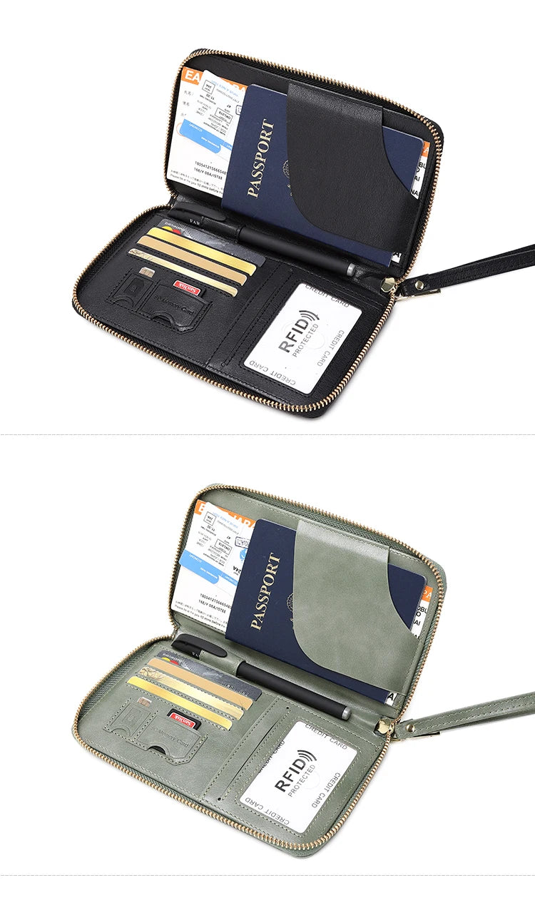 RFID Blocking Passport Holder Travel Wallet with Wrist Strap, Multi-Card Pockets & Zipper Closure