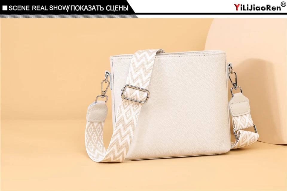 100% Genuine Leather Crossbody Bag Women Fashion Wide Strap Shoulder Bag Ladies Cowhide Messenger Bag Small Handbag and Purse