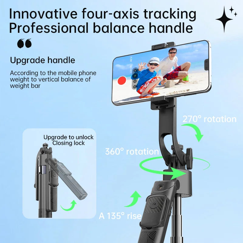 AI Smart Tracking Selfie Stick Tripod, 360° Rotatable 4‑Axis Stabilizer, Wireless Remote, Portable Phone Tripod for Selfies Vlog