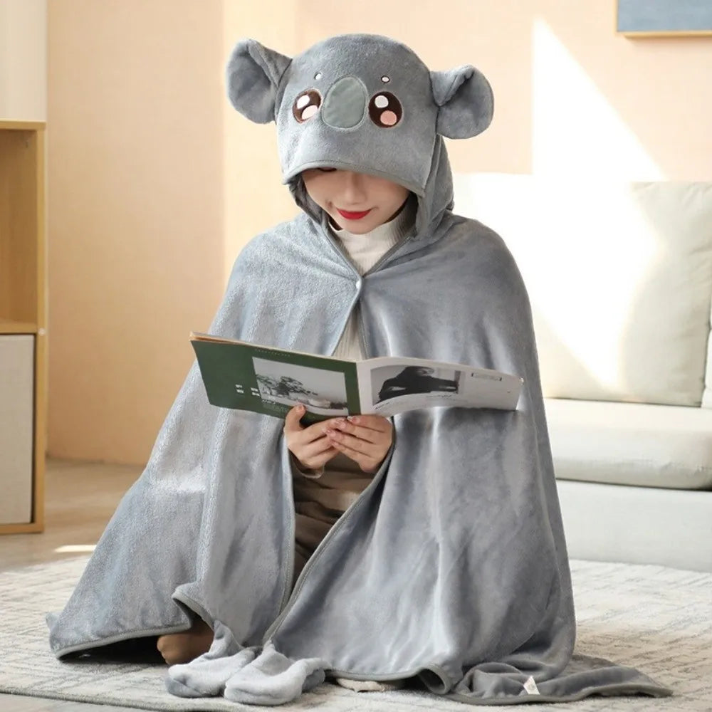Warm Hooded Nap Blanket Cozy Cartoon Air Conditioning Blanket Folding Comfortable Thermal Blanket Ear Protection
