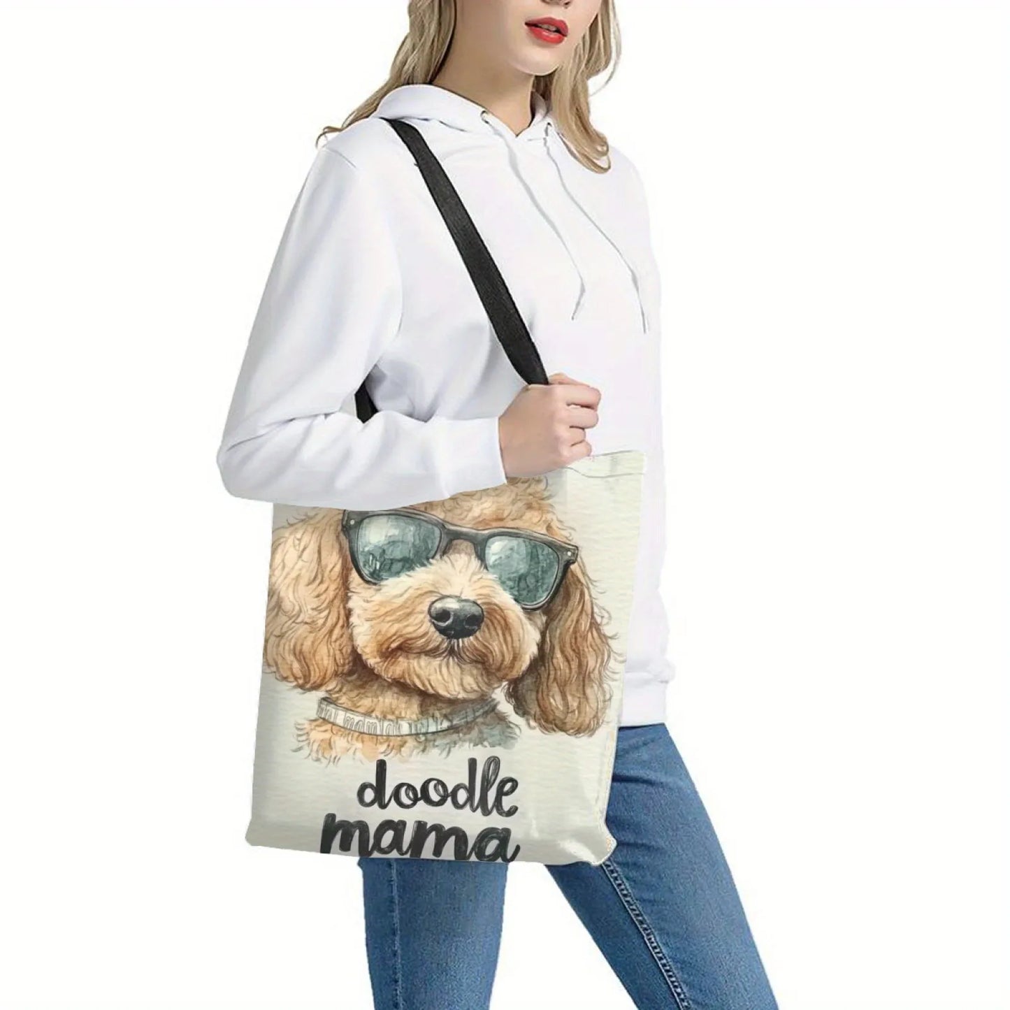 1pc Adorable Yorkshire Dog Print Tote Bag Animal Theme Polyester Reusable Shopping Shoulder Bag with Heart Detail Travel Handbag