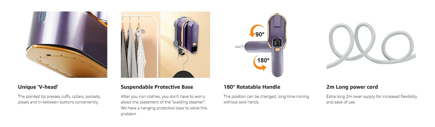 Portable Clothes Steam Iron 180° Rotatable Handle 3 Levels Handheld Garment Steamer 1200W Fast Heating 150ml Tank for Travel