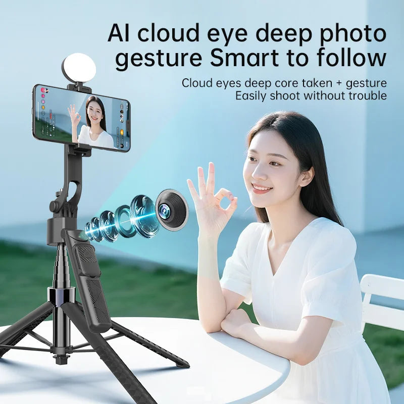 AI Smart Tracking Selfie Stick Tripod, 360° Rotatable 4‑Axis Stabilizer, Wireless Remote, Portable Phone Tripod for Selfies Vlog