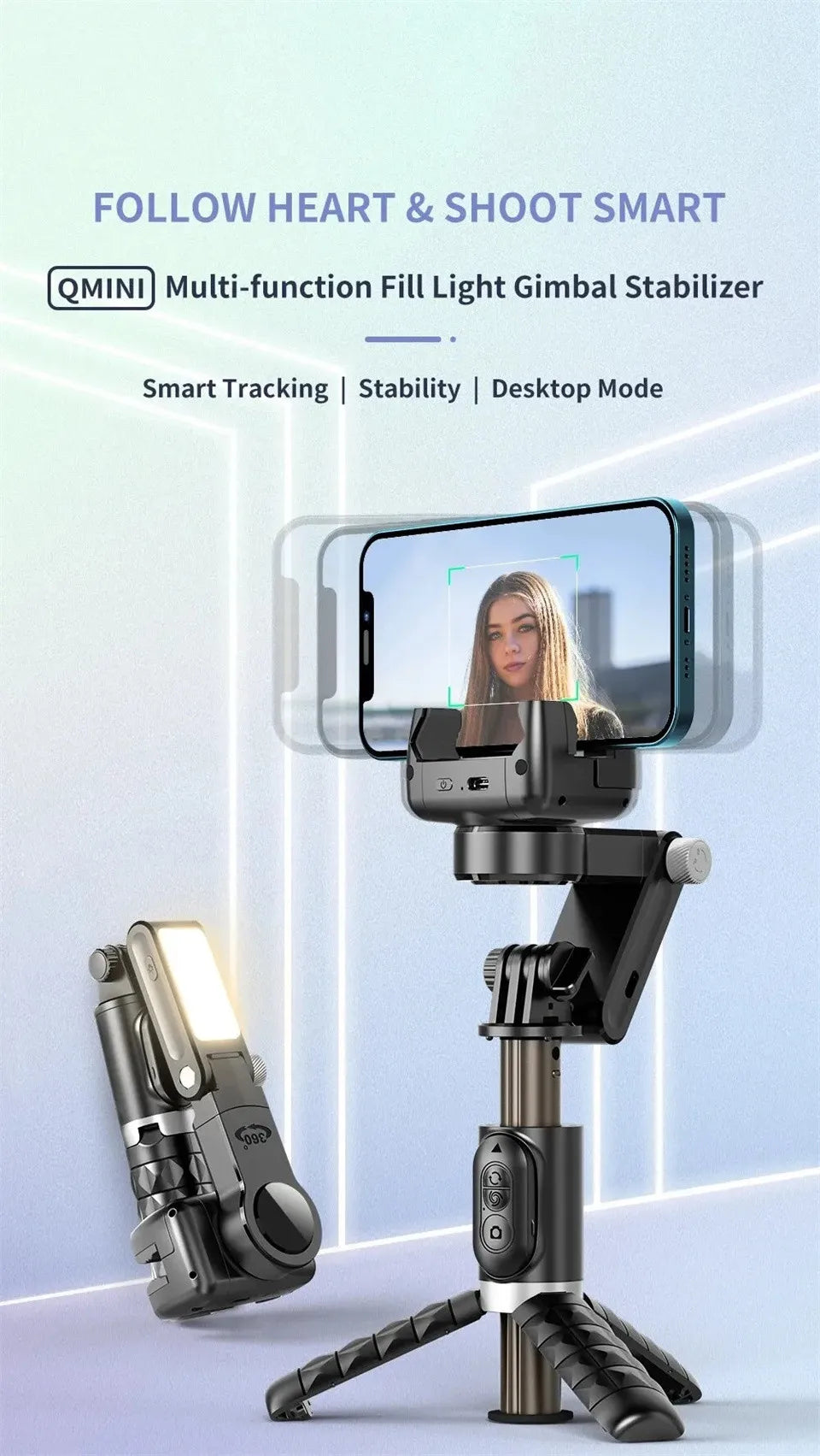 MEUYAG Selfie Stick Gimbal Stabilizer 360° rotation With Bluetooth Remote Intelligent AI Follow-Up Anti Shake Pan Tilt Tripod