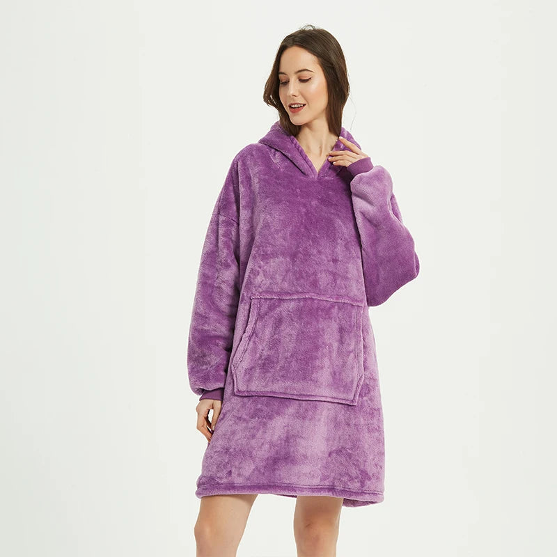 Winter Blanket Hoodie Oversized Warm Wearable Blankets 850grams Microfiber Plush Pullover Robe Fleece Blanket Sweatshirt Women