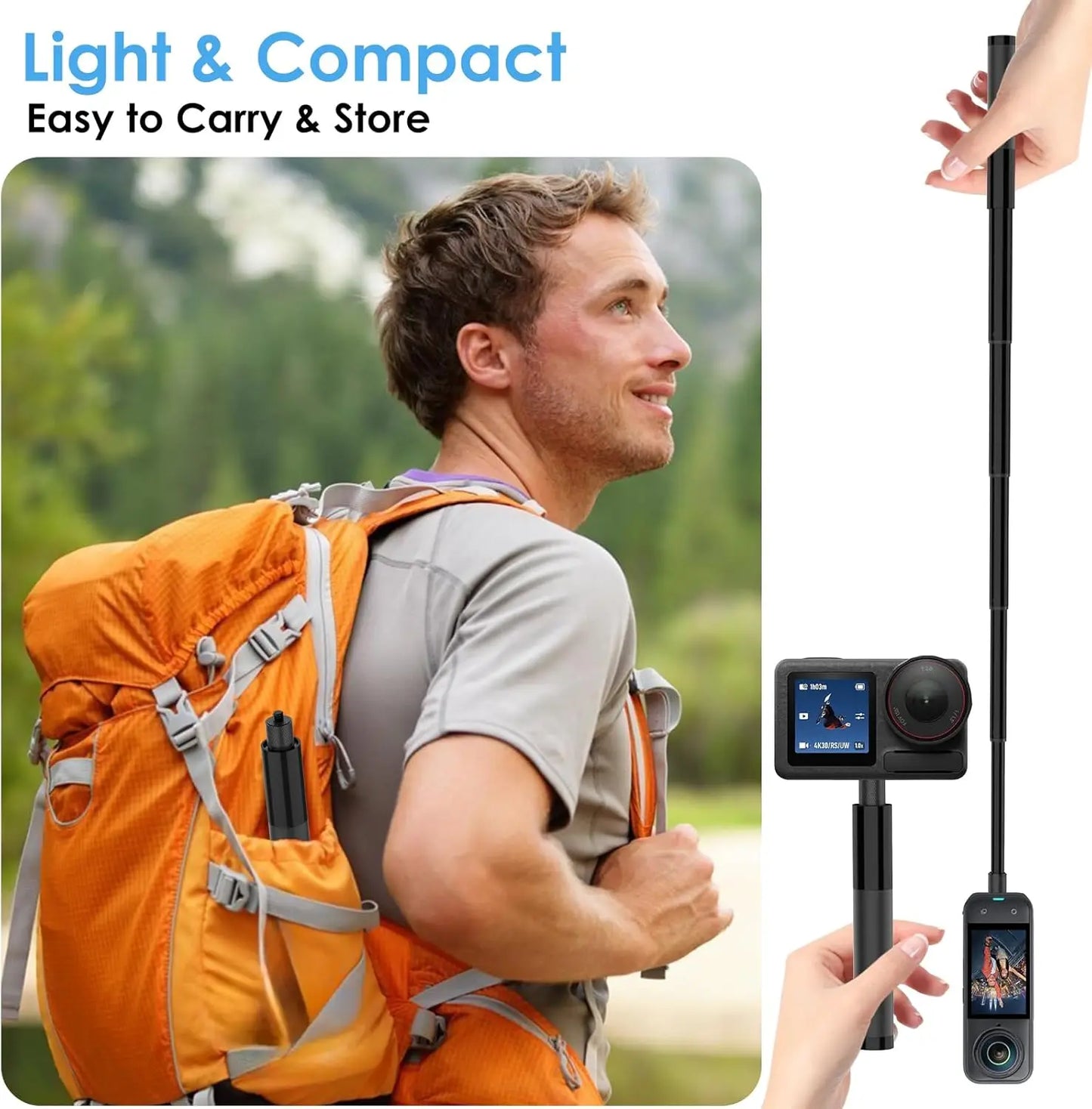 Invisible Selfie Stick 70cm Long Selfie Stick,Fit for Insta360X5. X4, X3, ONE X2, ONE R, ONE X, 1/4”Screw Mount Cameras