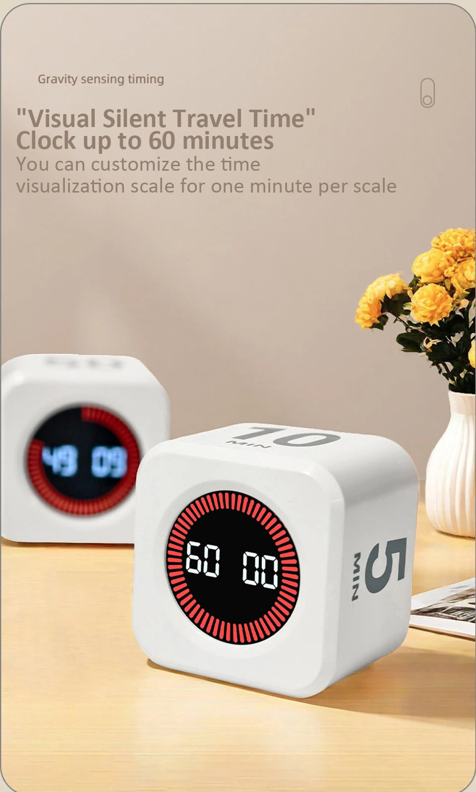 Digital Visual Timer Gravity Sensor Flipping LED Display 4 Preset Time Rechargeable Mini Cube Timer for Cooking Study Shower