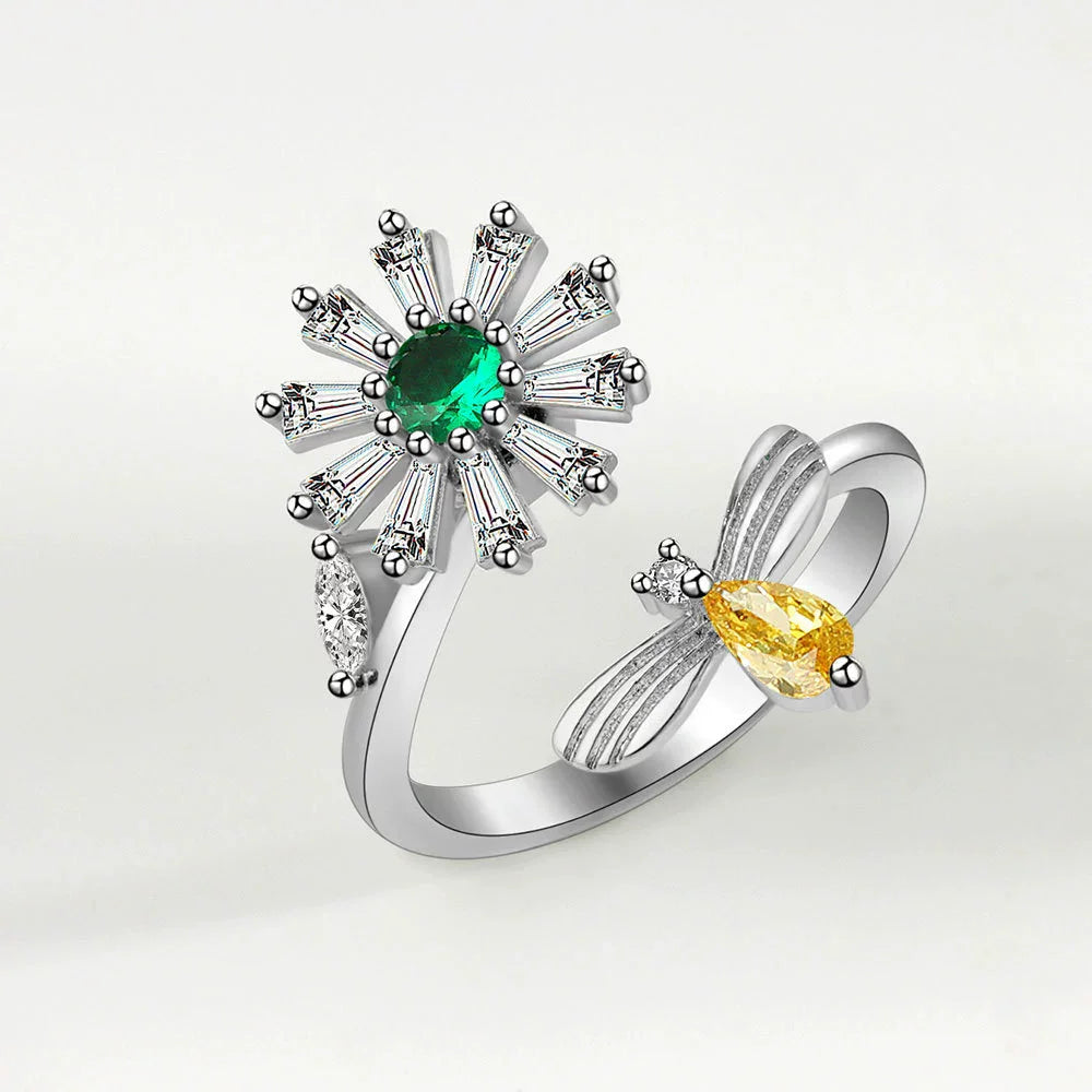 VENTFILLE 925 Sterling Silver Sunflower Diamond Zircon Rotatable Ring For Women Gift Relieve Stress Ring Jewelry Wholesale