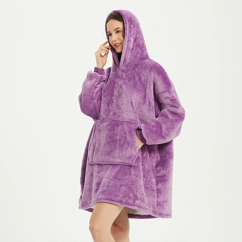 Winter Blanket Hoodie Oversized Warm Wearable Blankets 850grams Microfiber Plush Pullover Robe Fleece Blanket Sweatshirt Women